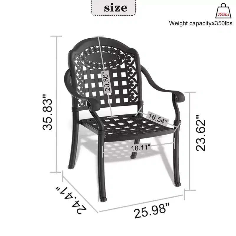 Set of 4 Cast Aluminum Patio Dining Chairs, Black Rust Resistant Frame with Water Resistant Cushions