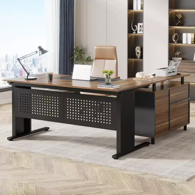 63 Inch L-Shaped Executive Desk with File Cabinet and Drawers for Home Office, Brown and Black