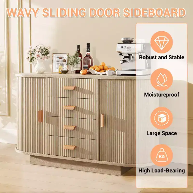 47 Kitchen Modern Fluted Sideboard Buffet Cabinet with Storage, Coffee Bar with Doors