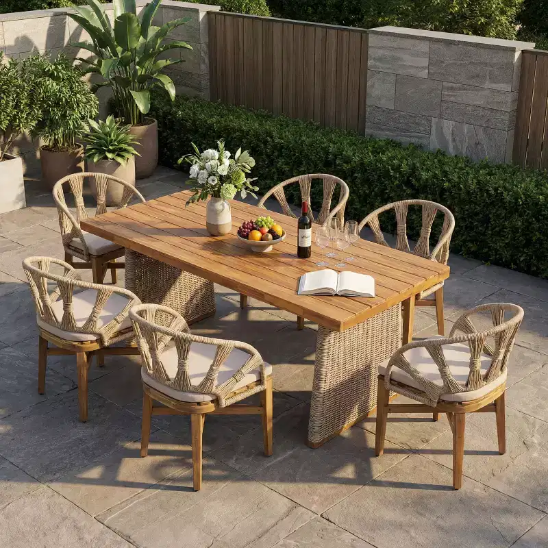 Christopher Knight Home Ferb 7 Piece Boho Outdoor Acacia Wood Wicker Dining Set with Cushions