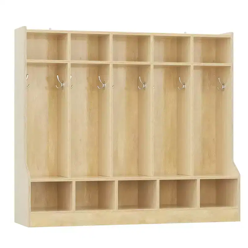 Kids Wooden Coat Locker Bench,10-Cubby Storage with Hooks, Smooth Surface & Hidden Casters for Classroom, Daycare, School or Home Use