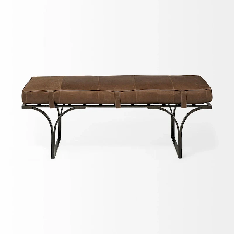 Genuine Leather Upholstered Bench with Black Metal Legs – Brown, 55