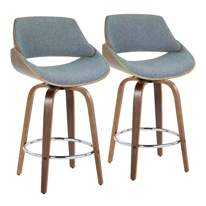 LumiSource Set of 2 Fabrizzi Counter Height Barstools Walnut/Blue : Upholstered Swivel, Kitchen-Compatible