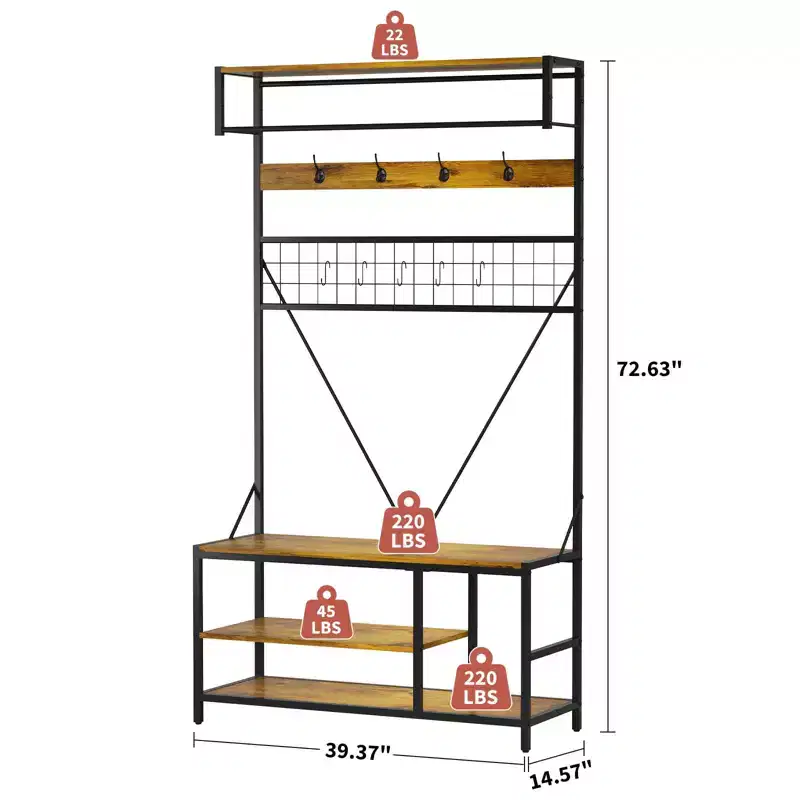 5 in 1 Hall Tree with Bench and Shoe Storage,39 Coat and Shoe Rack with Adjustable Shelf,Versatile Freestanding Clothes Rack for Bedroom