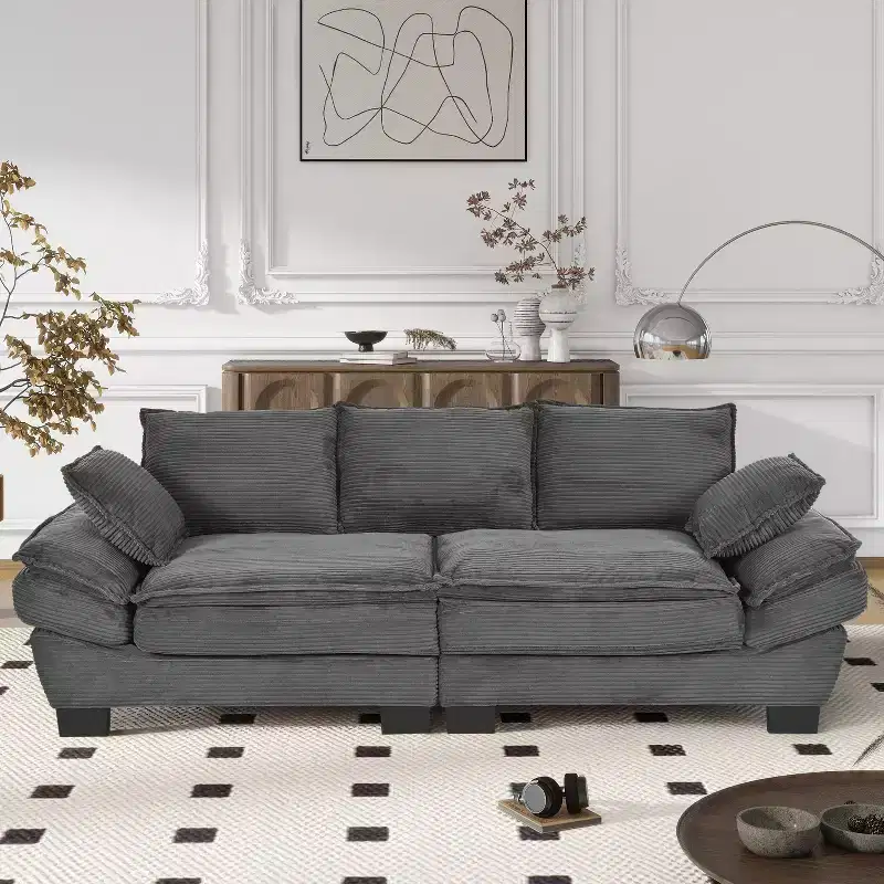 80.3 Inch Modern Corduroy Curved Sofa,Upholstered Couch with 2 Throw Pillows for Living Room,Bedroom,Office,Apartment