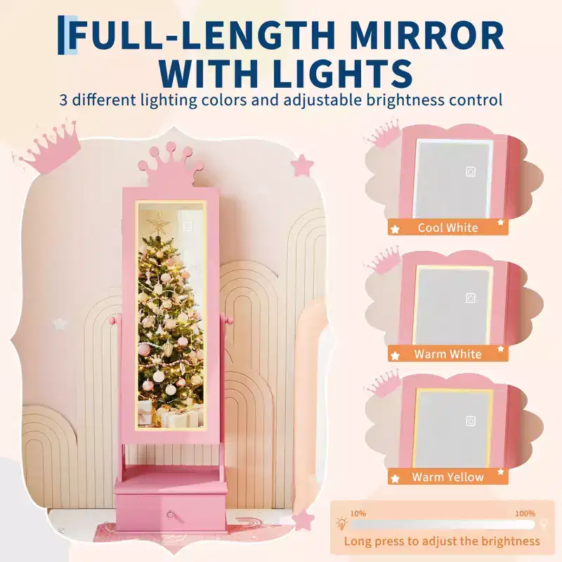 Kids Jewelry Armoire Cabinet, Standing Jewelry Organizer with Full-Length Mirror, 3 Storage Drawer, Vanity Dress Up Mirror Jewelry Cabinet for Girls