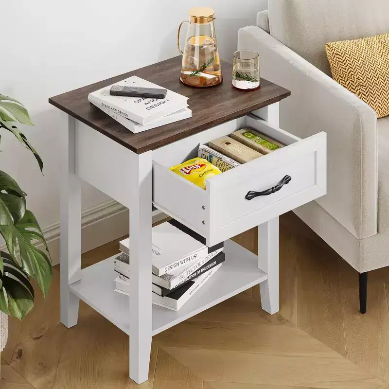 End Table with Drawer, Side Table for Spaces, 2 Tiers Storage Shelves with Dresser, Bedside Table for Living Room, Bedroom, White