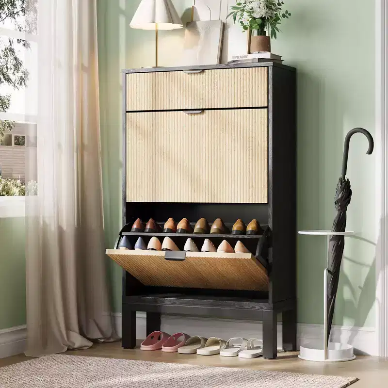 Metal Slim Fluted Shoe Cabinet with 2 Flip Doors & 1 Drawer