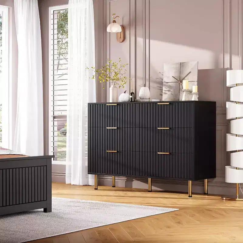 Acekool 6 Drawer Dresser, Modern Fluted Double Dresser TV Stand with Deep Drawers & Gold Legs, Storage Organizer for Bedroom or Living Room