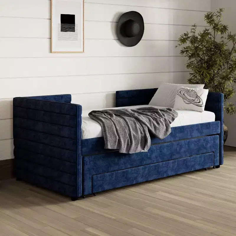 Twin Size Sofa BedModern Upholstered Couch Bed Frame with Pull-Out Trundle Bed & Under-Bed Storage Drawers for Guest Room-for Living Room, Bedroom