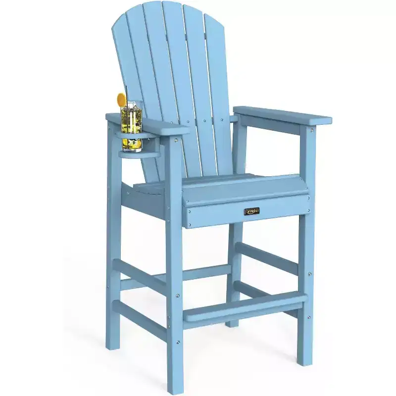 VINGLI Tall Adirondack Chair HDPE Adirondack Bar Stools with Cup Holder 1 PC, Poly Deck Chairs Outdoor Bar Stools, 350LBS (Blue, 1 PCS)