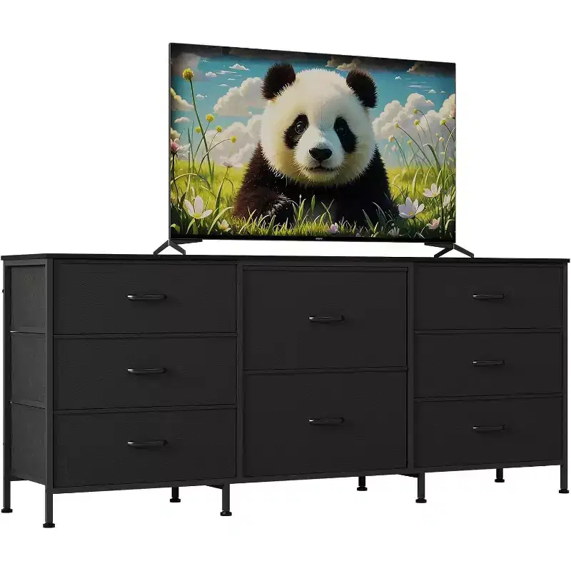 8 Drawer Fabric Dresser TV Stand with Wooden Top, Metal Frame Storage Chest, Wide Closet Organizer for Bedroom Living Room Hallway