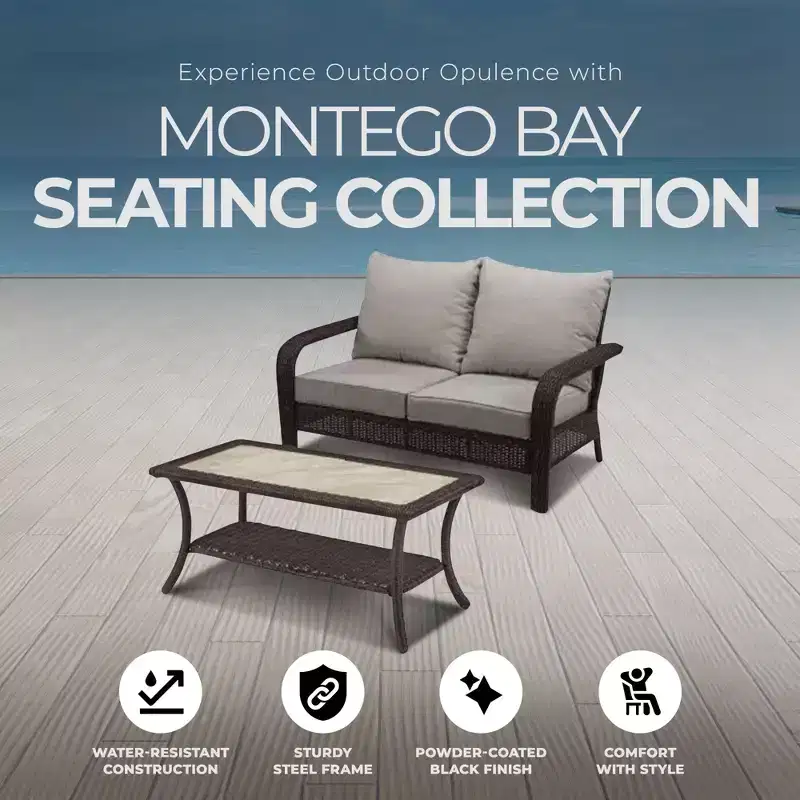 Four Seasons Courtyard Montego Bay Patio Cushioned Loveseat and Rectangular Coffee Table Outdoor Backyard Wicker Furniture Set, Ivory/Brown