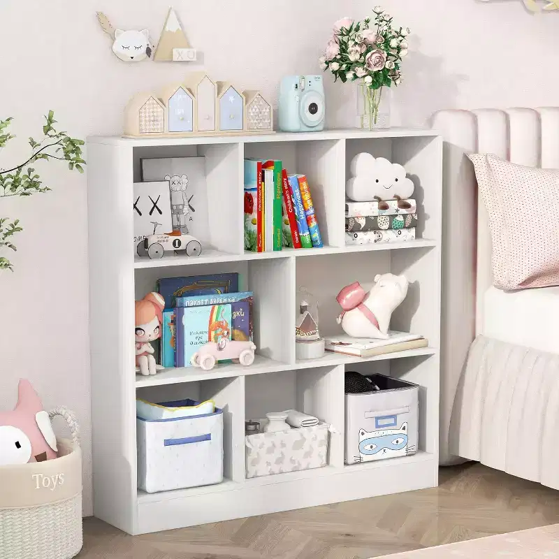 Kids Toy Storage Organizer 8-Section Wooden Floor Cabinet Toy Chest 3-Tier Display