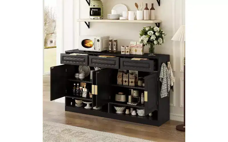 TUYOHW Farmhouse Sideboard Cabinet with 3 Drawers & 4 Doors, Multi-Functional Storage Buffet Cabinet with Adjustable Shelf, Kitchen Pantry Cabinet