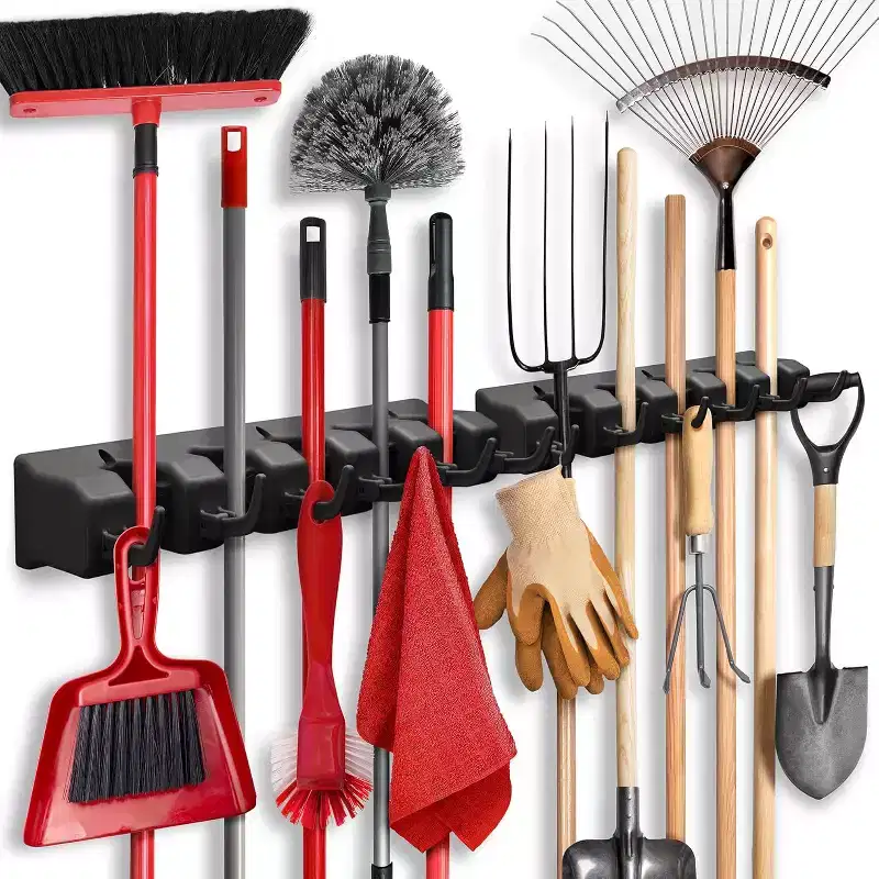 2-Pack Mop and Broom Holder Wall Mount – 5 Slots, 6 Hooks, 7.5lbs Capacity, for Garage, Kitchen, Laundry Room, Black