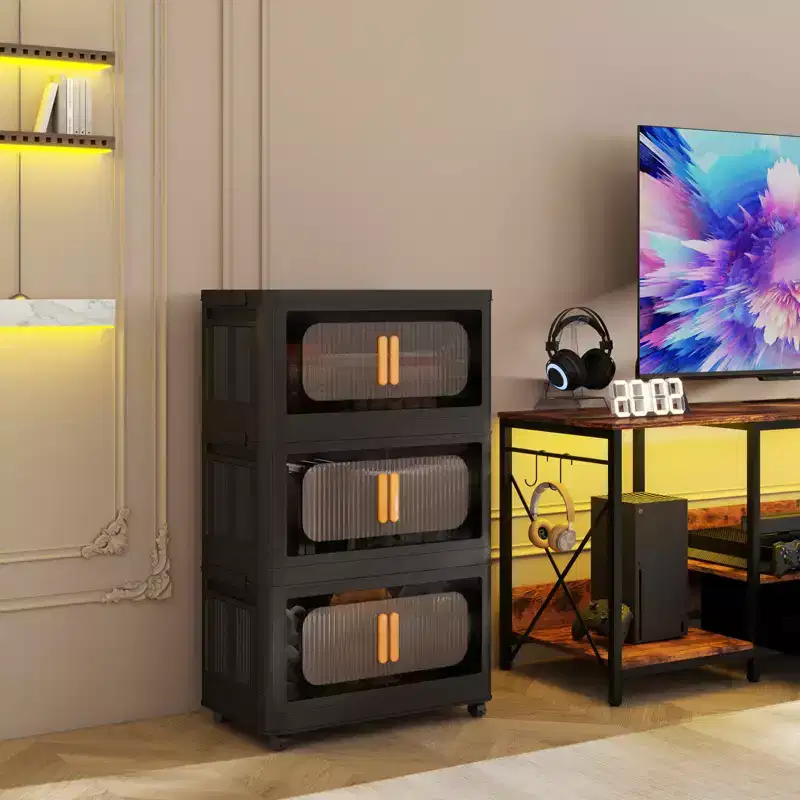 MAYEERTY 24 Side Wide 4 Tiers Plastic Folding Storage Cabinet with Magnetic Door Wheels for Living Room Black
