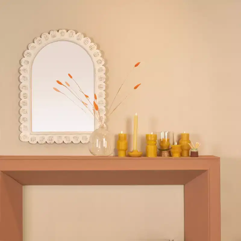 Storied Home Arched Raised Scallop Pattern Wood Wall Mirror, White
