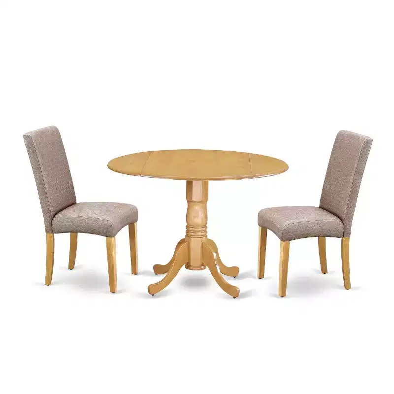 Round Dining Table Set - 42 Inch Table with 2 Chairs - Linen Fabric Seats - Oak Finish Legs