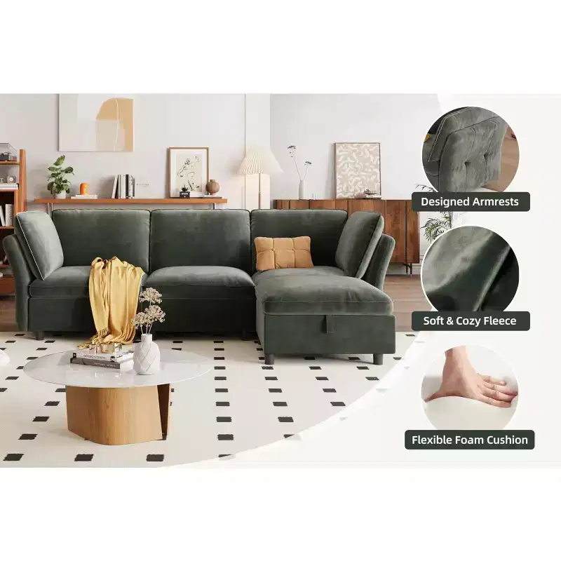 Sofa, Modular Mid-Seat Chair with Ottoman without Armrests  Velvet Deep Seat Decorative Pillows