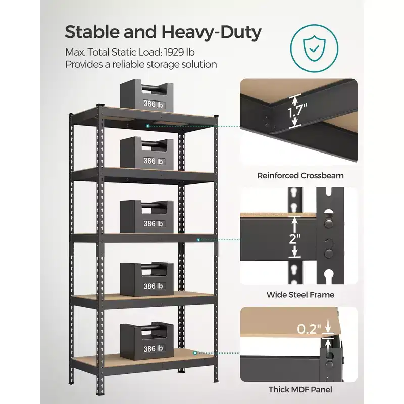 5-Tier Storage Shelves, Set of 2 Garage Storage, Adjustable Shelving Units, 17.7 x 35.4 x 70.9 Inches, Load 1929 lb Each, Shed Warehouse Basement