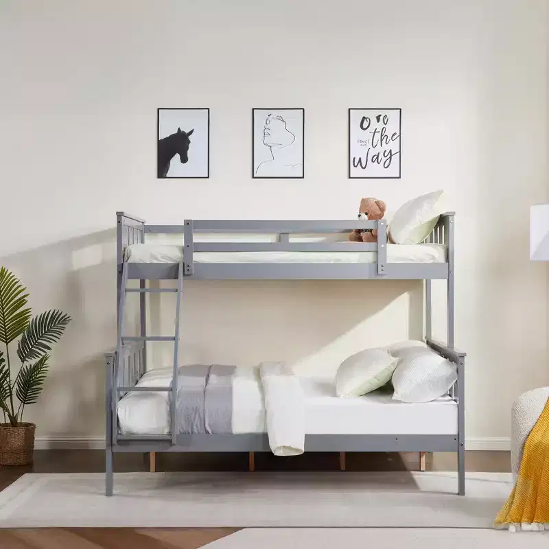 Twin over Full Bunk Bed with Ladder  Wooden Frame with High Guardrails for Kids  No Box Spring Needed  Sturdy and Space-Saving  Gray