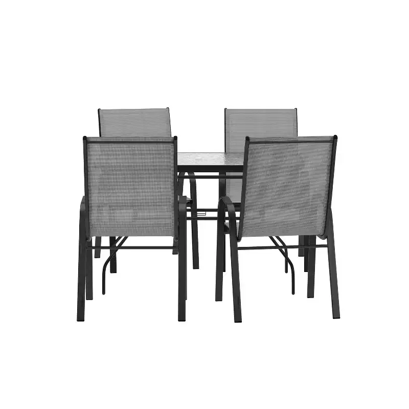 Merrick Lane 5 Piece Outdoor Dining Table Set for 4 with Glass-Top Patio Table and 4 Stack Chairs with Flex Comfort Material