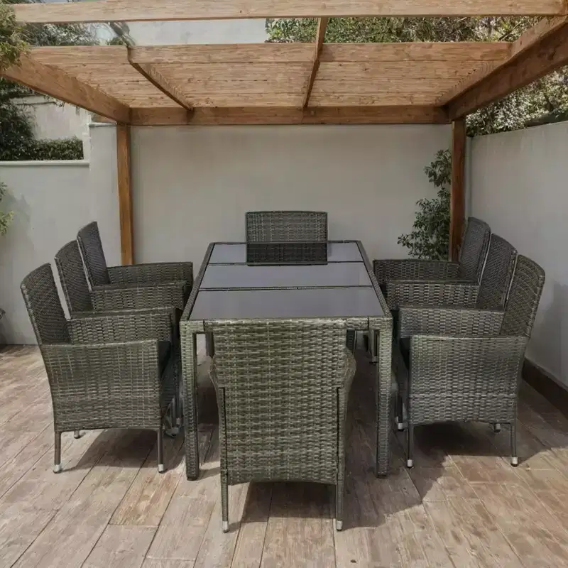 GDFStudio Jayu Modern 9 Piece Metal and PE Rattan Patio Dining Set with Cushion and Glass Tabletop