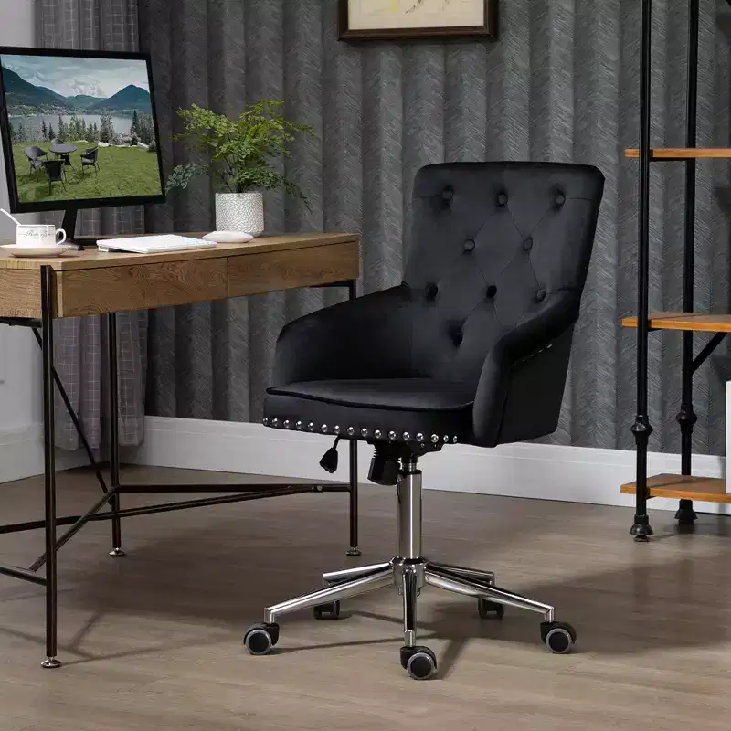 HOMCOM Mid-back Desk Chair with Button Tufted Velvet Back, Nailhead Trim, Swivel Home Office Chair with Adjustable Height, Padded Armrests, Black