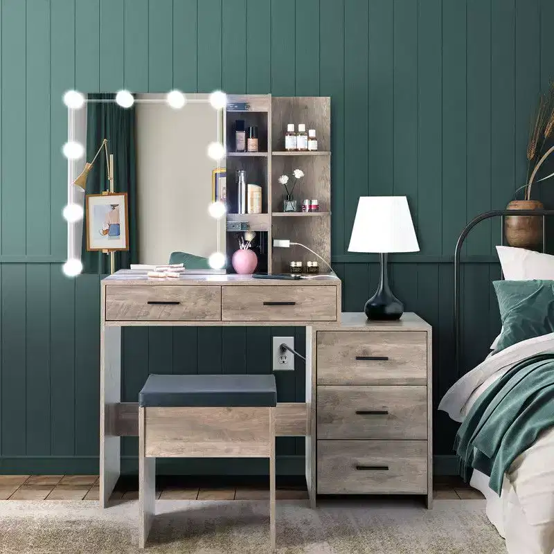 Gray Particle Board Triamine Veneer 5 Drawers 2 Shelves Mirror Cabinet Tri-color Dimmer Bulb Arrangement Dressing Table Set