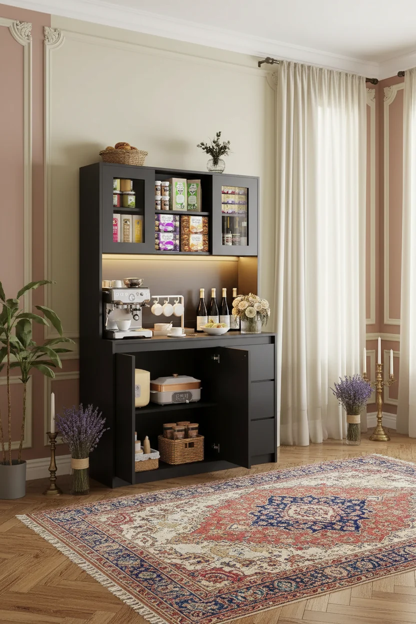 71 in Kitchen Pantry Cabinet, Kitchen Storage Hutch with Led Lights and Power Outlets, Microwave Stand, Glass Door, Adjustable Shelves