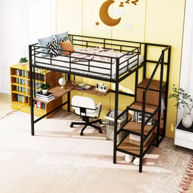 Comprehensive Full Size Loft Bed: Metal, Desk, Grid, Wardrobe, Storage Ladder