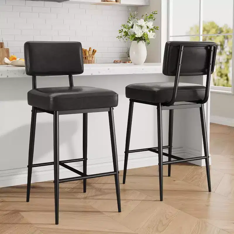 Set of 2 Counter Height Bar Stools - 26 Rustic Green Faux Leather - Ergonomic Backrest - Heavy Duty 400lb Capacity - Ideal for Kitchen Island