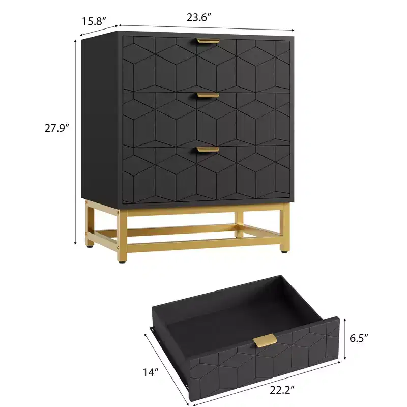 Modern 3 Drawer Wood Dresser, Chest of Drawers with Gold Handles, Bedroom Nightstand & Storage Cabinet