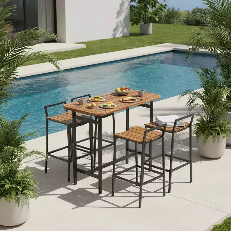 Gymax 5 PCS Outdoor Bar Table Set w/ Acacia Wood Surfaces and Sturdy Metal Frame Bar Height Table & Chairs for Patio Deck Balcony Poolside
