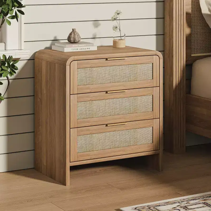 Set of 2 Rattan Nightstands with 3 Drawers, 22.8 Curved Bedside Tables, Mid-Century Modern Bedroom Storage Cabinet-Panipeachy