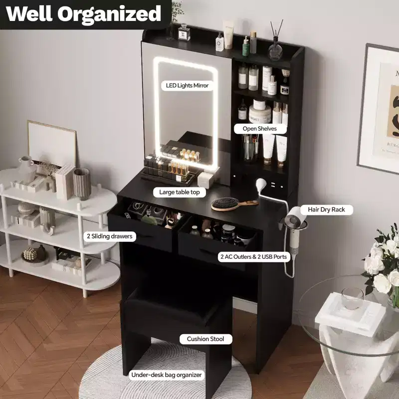 Makeup Vanity Desk with Mirror and Lights, Vanity Table Set with Charging Station, Dressing Table with Stool, 2 Drawers, Power Outlets & USB Ports