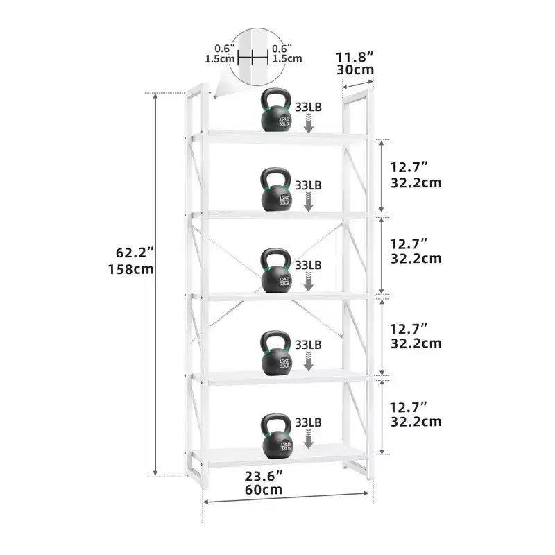 5 Tier Industrial Bookshelf Bookcase Storage Wood Rack Display Home Living Room
