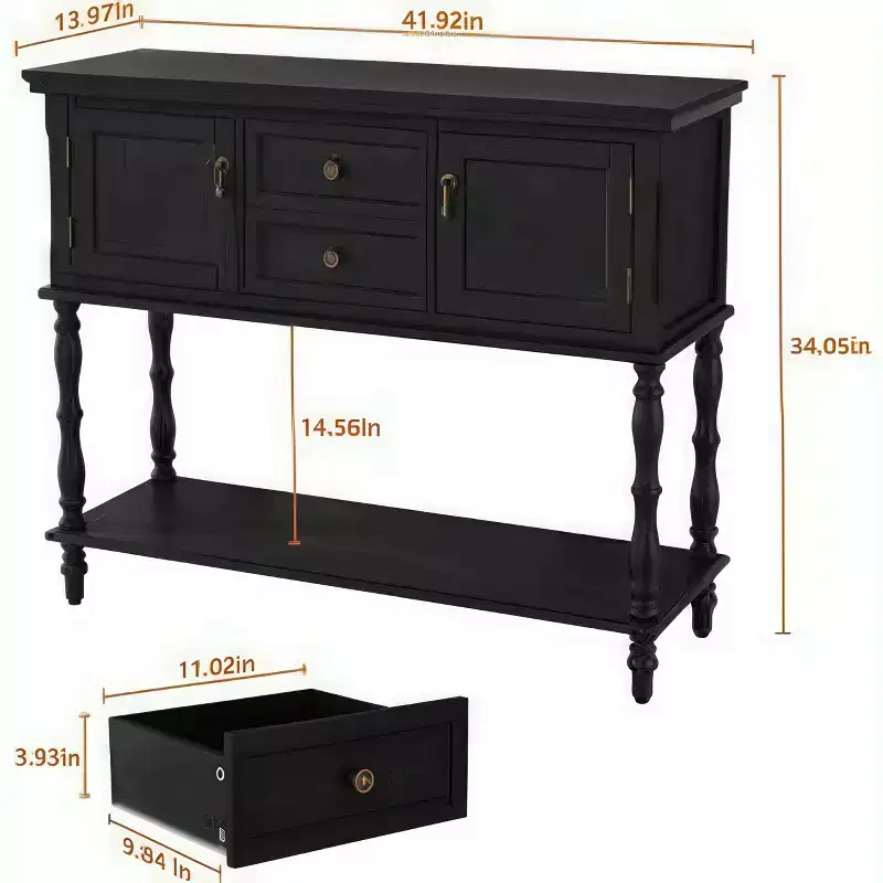 Modern Console Table with 2 Drawers & Open Shelf – Entryway Sofa Table, Walnut & Black