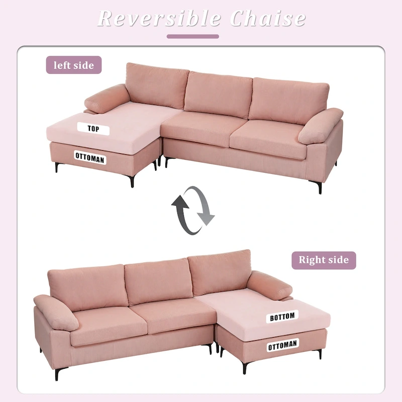 OVIOS Reversible Chaise Sofa With Fluffy Cushions Metal Legs