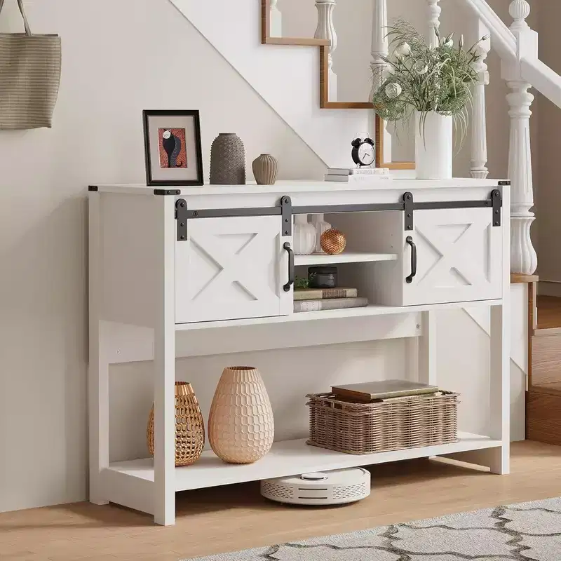Wood Farmhouse Console Table with Sliding Barn Door and Storage Shelves