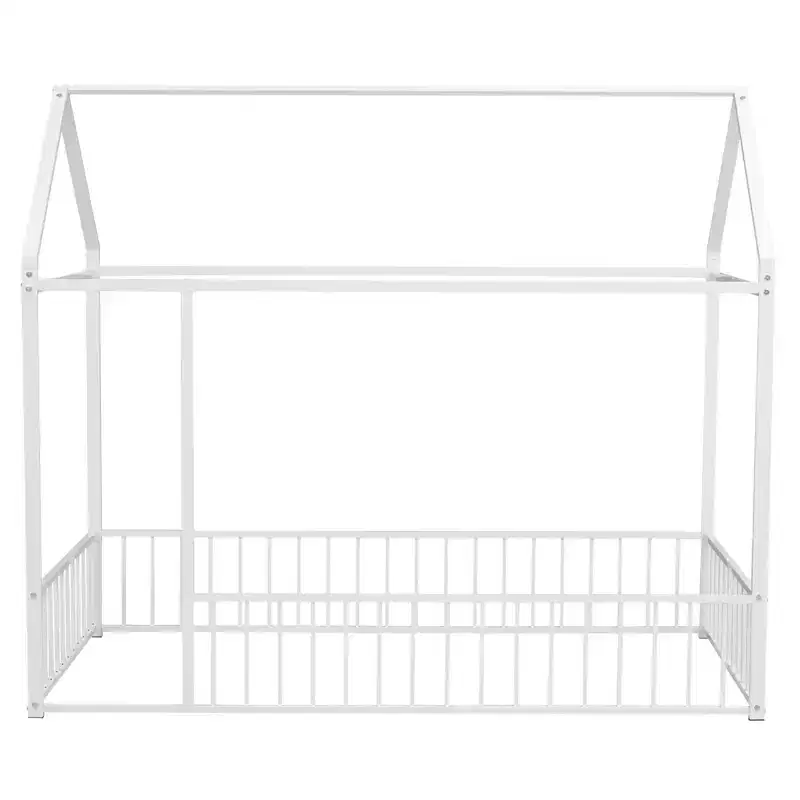 Twin Metal House Bed Frame with Fence, Low Profile Kids & Teen Bed Frame