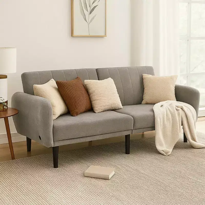 Royal Hampton Fold Out Futon Sofa Bed, Light Gray, Retro Channel Tufted Back