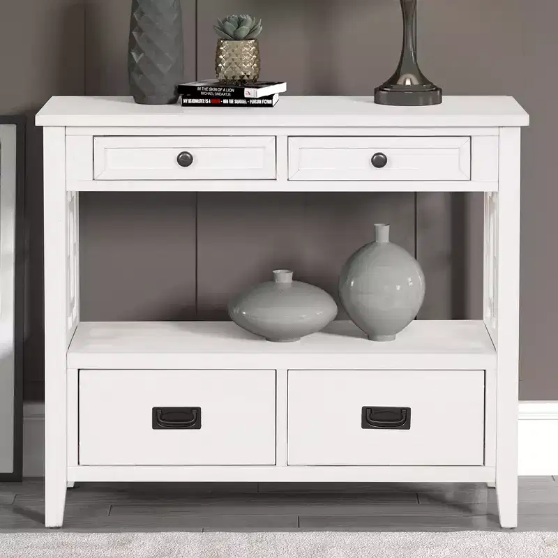 Vintage Solid Wood Console Table with 4 Drawers and Open Shelf