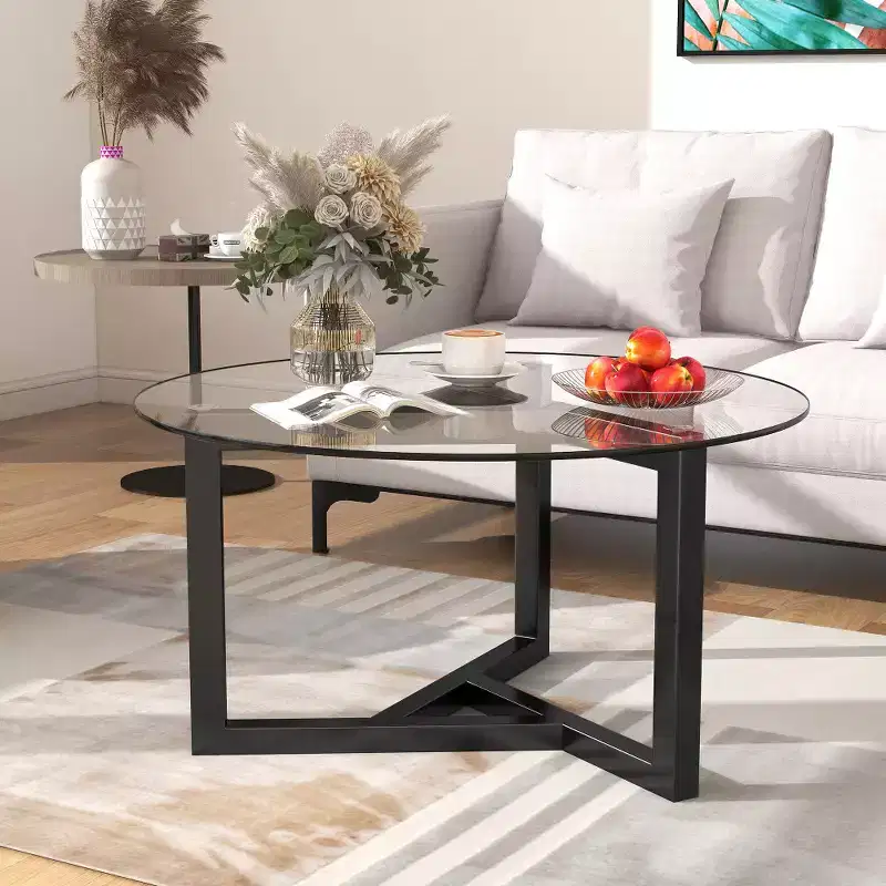 Zeus & Ruta Modern Round Glass Coffee Table with Sturdy Wood Base