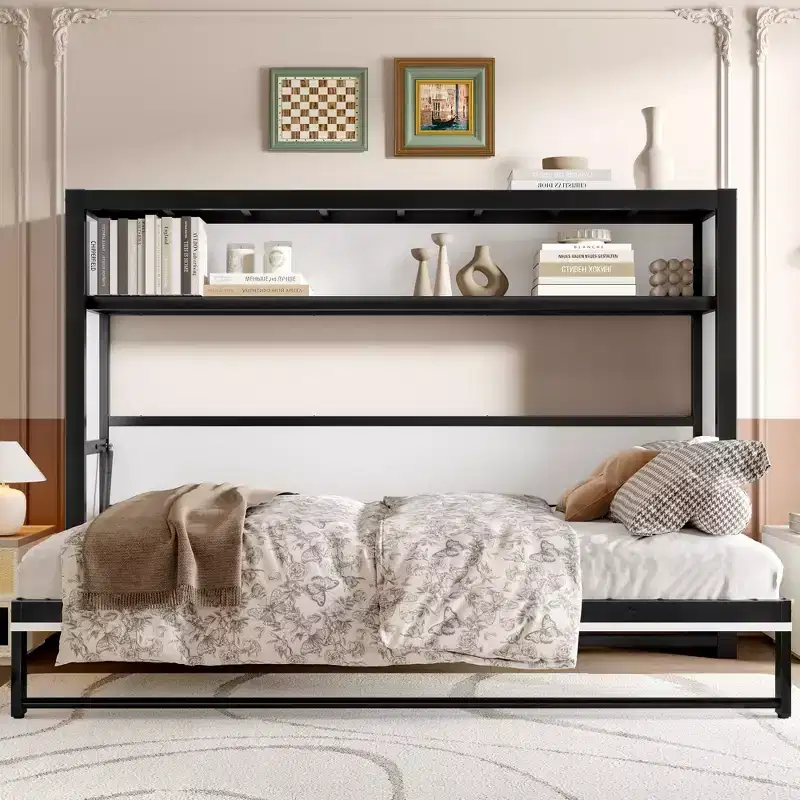 Bellemave Twin Murphy Bed with Shelves and Foldable,Metal Wall Murphy Bed Frame with Space-Saving Design