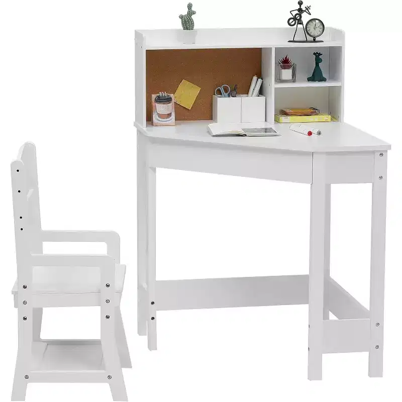 Acekool Kids Desk and Chair Set, Wooden Corner Study Table with Bookshelf, Bulletin Board, and Pen Holder, White