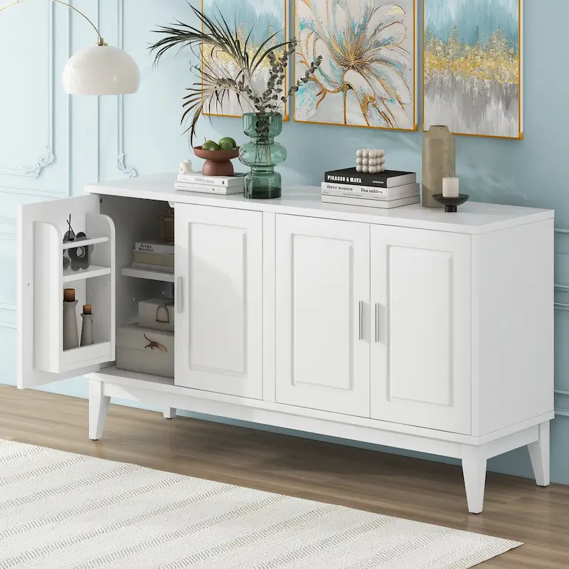 White / Black 4-Door Sideboard Storage Cabinet with Adjustable Shelves for 1–2 Person