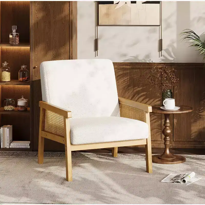 Modern Bohemian Lambswool Fabric Accent Chair with Rattan Arms, Sturdy & Comfortable, High-Back Upholstered Lounge Chair for Living Room