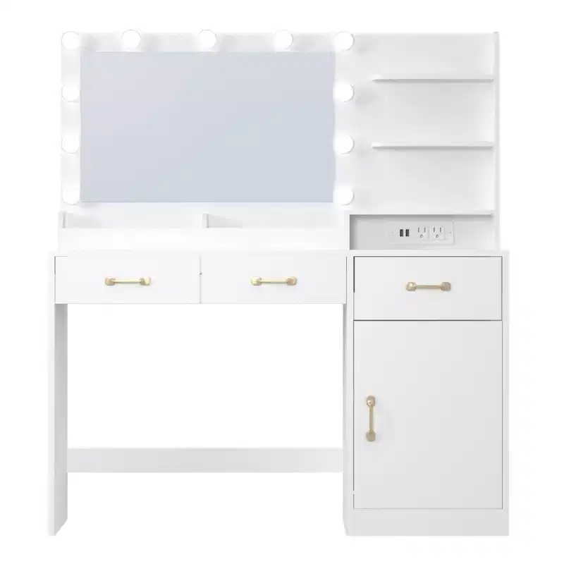 Wooden bedroom vanity with mirror and light, featuring 3 drawers and 4 compartments, charging station, and open shelving